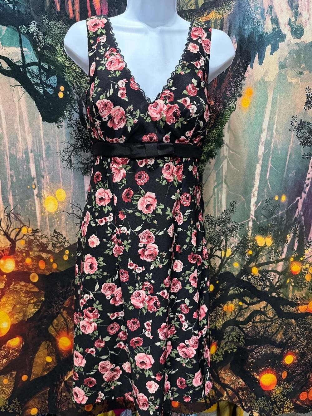 Floral Rose Midi Dress Black Pink